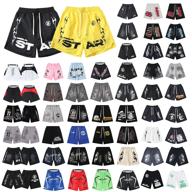 Cargo Casual Hellstar Sports Shorts Streetwear Hip-Hop Style Drawstring Cotton Flame Print Letter Fashion Brand Washed