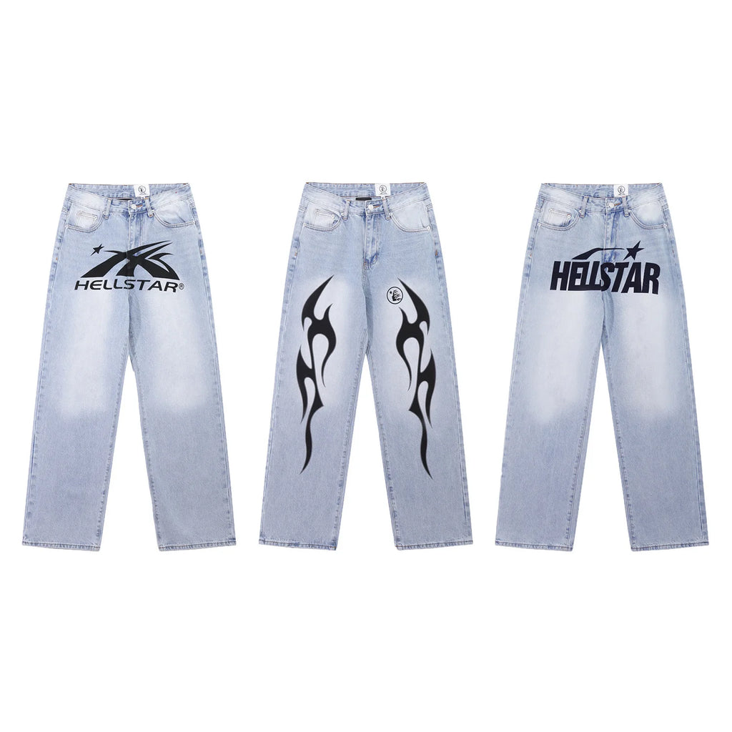 Cross-border Hell Star Hellstar European American Street Trendy Camouflage Printed Logo Denim Jeans Streetwear Medium Loose Fit