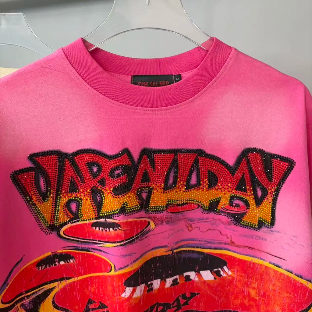 Streetwear Letter Rhinestone Cotton Short Sleeve Tshirts for Men and Women Harajuku Hip Hop Loose Shinning Diamond Tees Oversize